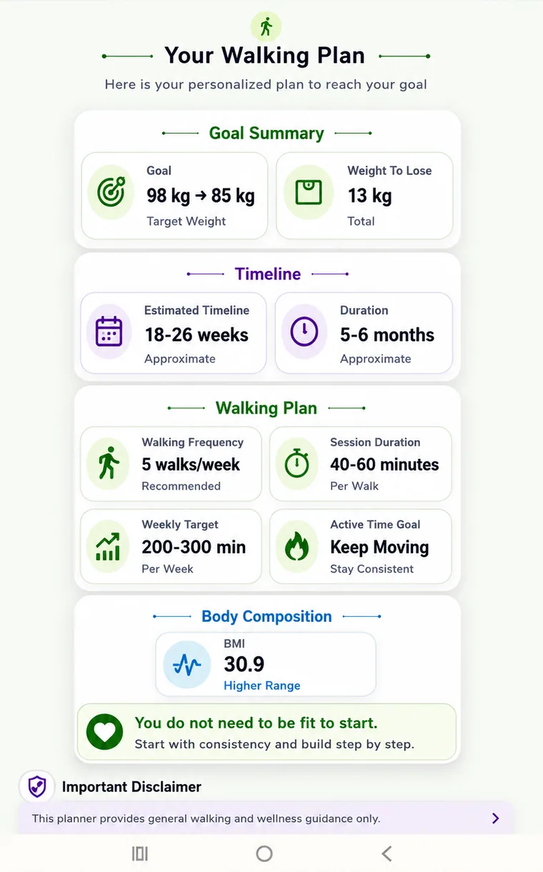شاشة خطة المشي في تطبيق USLOOBI WALK