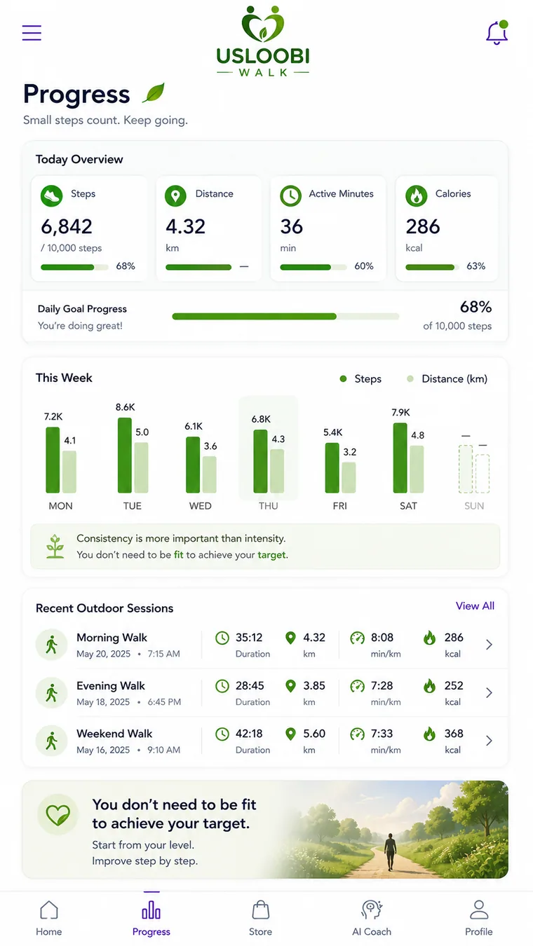 شاشة Progress الحقيقية في تطبيق USLOOBI WALK